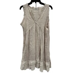 Puro Lino Italy Linen V-Neck Ruffle Hem Sleeveless Dress Beige 8027-AL
